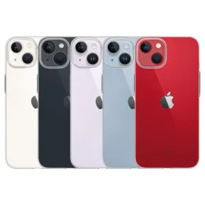 Fem iPhone 14 Plus-telefoner i olika färger mot vit bakgrund, med Apple-logotypen och dubbla bakre kameror.