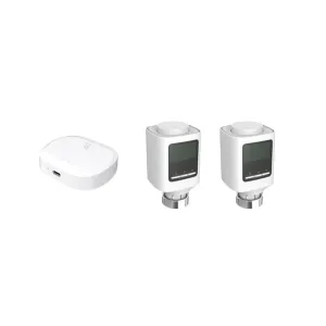 WOOX smart radiatortermostatsæt med én Zigbee-hub og to hvide radiatortermostater til varmestyring