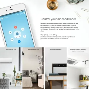 Sensibo Sky-infografik som visar appstyrning via smartphone för luftkonditioneringar och värmepumpar i hemmets rum