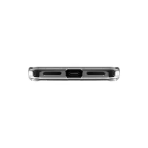 Just Mobile TENC Air transparent skyddsskal för iPhone 16 Plus, vy underifrån med USB-C- och högtalarutskärningar