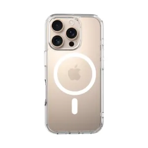 JustMobile TENC Air transparent skyddsfodral för iPhone 16 Pro Max, visat på en guldfärgad iPhone med MagSafe-ring och kamerautskärning