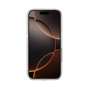 Just Mobile TENC Air transparent skyddsskal på iPhone 16 Pro Max, visat med exakta utskärningar och knappskydd.