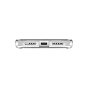 Just Mobile TENC Air transparent skyddsskal för iPhone 16 Pro Max, visas med nedre USB-C- och högtalarutskärningar.