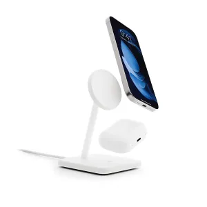 Twelve South HiRise 2 Deluxe trådlöst laddningsställ med vinklad iPhone-display och AirPods-fodral