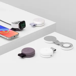 Twelve South ButterFly SE kompakt trådlös 2-i-1-laddare visas hopfälld och laddar iPhone och Apple Watch