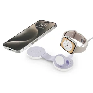 Twelve South ButterFly SE dubbel magnetisk laddare med iPhone och Apple Watch, visad öppen i iriserande finish