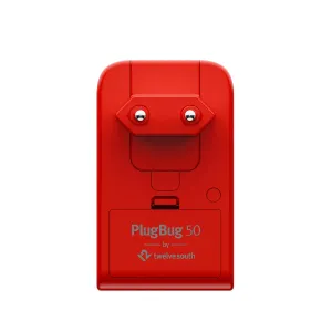 Twelve South PlugBug 50 W USB-C-laddare i rött med hopfällbar kontakt och PlugBug 50-etikett på framsidan