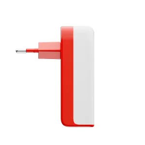 Twelve South PlugBug 50 W USB-C-väggladdare i vitt och rött, visad från sidan med infällbara stickproppsstift.