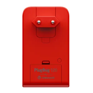 Röd Twelve South PlugBug 120 USB-C-laddare med fällbara stift och PlugBug 120-märkning