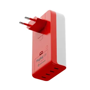 Twelve South PlugBug 120 W USB-C-laddare i rött och vitt, med två europeiska stift och logotyp på framsidan.