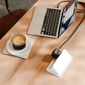 Twelve South PowerCord 3 m flätad USB-C-laddare bredvid en öppen laptop på ett träskrivbord