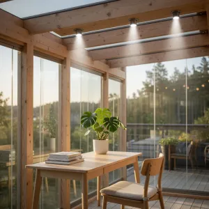 Smarta GU10 LED-takspotlights som belyser ett träskrivbord i ett rum med glasväggar.