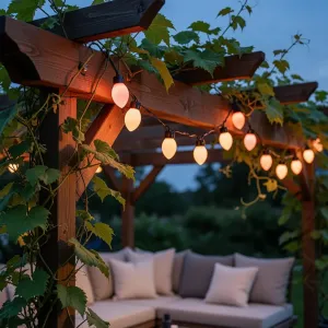 Lite Bulb Moments smart ljusslinga med konformade globlampor som lyser på en pergola utomhus