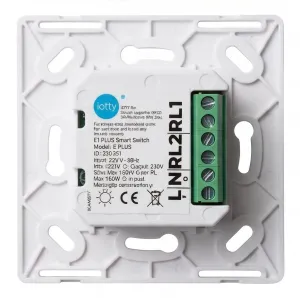 Iotty Smart 1-gångs brytarmodul, baksida, vit med grön anslutningsplint, utan frontplatta
