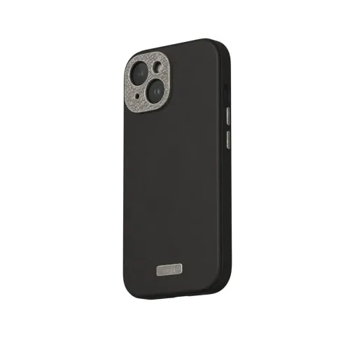 Moshi Napa iPhone 15-skal i midnattsvart, med texturerad finish, upphöjd kamerautskärning och logoplatta i metall.
