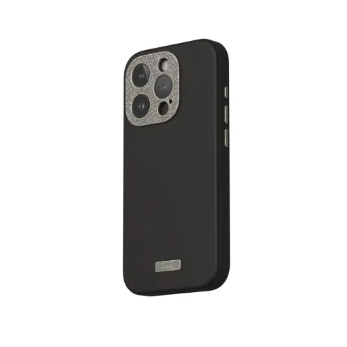 Moshi Napa stötabsorberande iPhone 15 Pro-skal i svart med texturerad yta, upphöjd kamerautskärning och logotypmärke