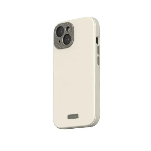 Moshi Napa iPhone 15-skal i veganskt läder i äggskalsvitt med upphöjd kameraram och logotypplatta