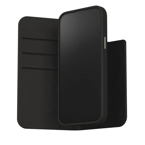 Moshi Overture plånboksfodral för iPhone 15 Plus i midnattssvart, visas stängt med fodrallock i foliostil
