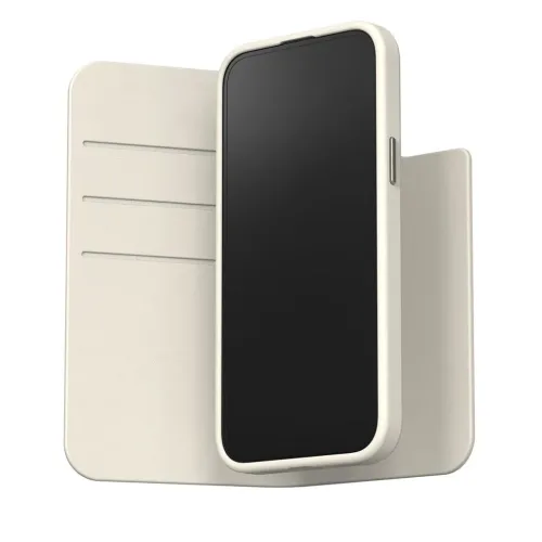 Moshi Overture plånboksfodral för iPhone 15 Plus i äggtoddyvitt, med stödflik och kortfack