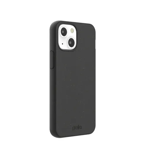 Svart komposterbart mobilskal från Pela på en iPhone 13 mini med spräcklig yta och upphöjd kamerautskärning