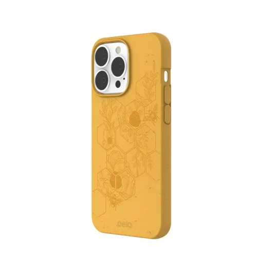 Pela Hive Edition – gult skal till iPhone 13 Pro med bikakemönster och blommigt bimönster