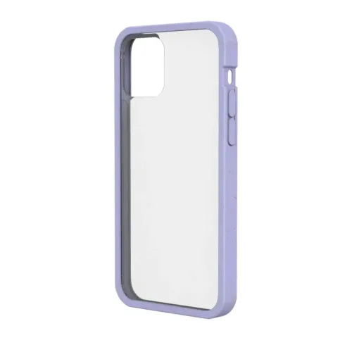 Pela Clear iPhone 12 Pro Max-skal med transparent baksida och ljuslila kant på vit bakgrund