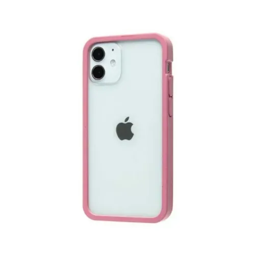 Pela Clear-skal för iPhone 12 mini med transparent baksida med rosa kant, visat på en ljus iPhone.