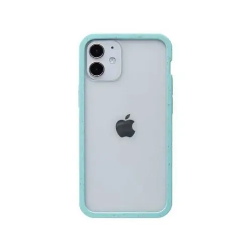 Pela genomskinligt skal för iPhone 12 mini med ljusblå kant och transparent baksida på en ljusgrå telefon