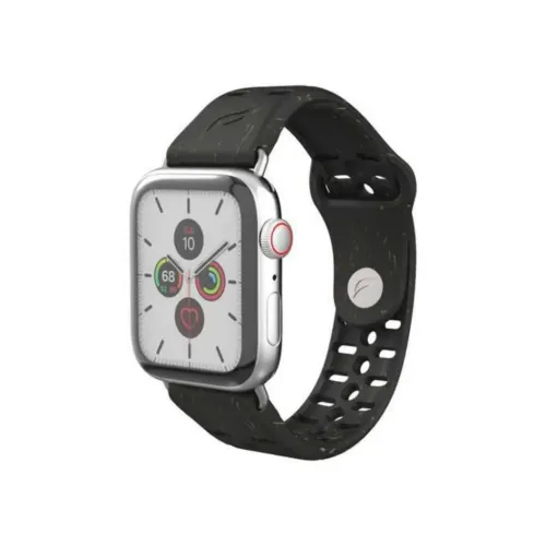 Pela Vine svart perforert klokkereim for 44 mm Apple Watch, vist på en sølvfarget smartklokke