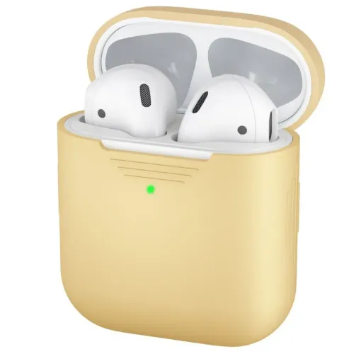 KeyBudz podSkinz skyddande AirPods-fodral i silikon i pastellgul färg, visas öppet med hörlurar inuti