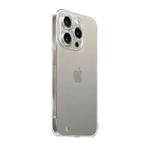 Just Mobile TENC Slim Fit transparent skal för iPhone 15 Pro Max, med kameralinsskydd och slimmad skyddsdesign