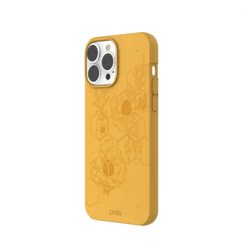 Pela Classic Hive Edition Honey-skal för iPhone 13 Pro Max med blommigt bikakemönster och präglad logotyp