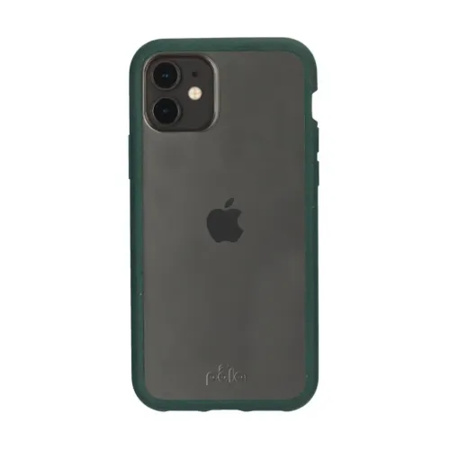 Pela Clear-skal för iPhone 11 med mörkgrön kant, transparent baksida och kamerautskärning på en svart telefon