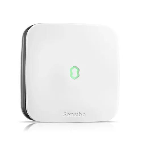 Sensibo Element luftkvalitetssensor, vit fyrkantig enhet med grön ikon och präglad logotyp mot svart bakgrund