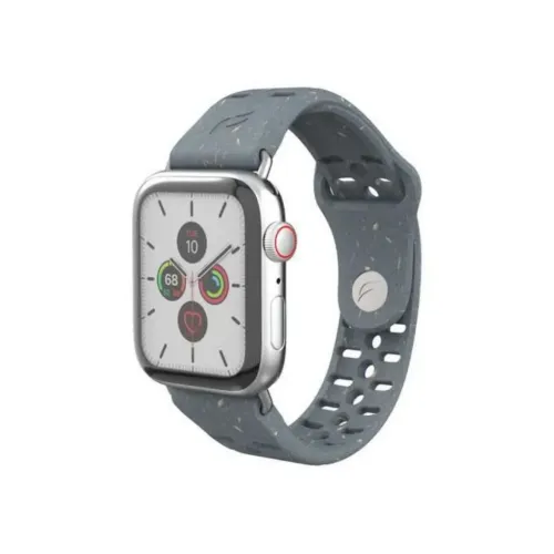 Pela Vine komposterbar Apple Watch-reim i grått med magnetlås, vist festet til en sølvfarget Apple Watch.