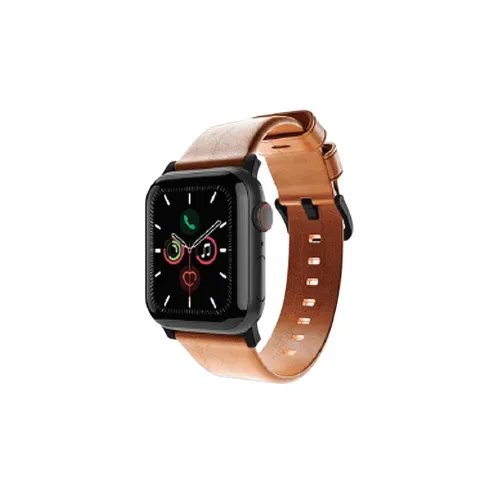 Journey brunt läderarmband för Apple Watch med spänne, visat på en svart smartklocka mot en vit bakgrund
