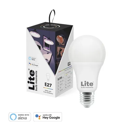Lite Bulb Moments E27-smartlampa med detaljhandelsförpackning, fungerar med Alexa och Google Home på vit bakgrund