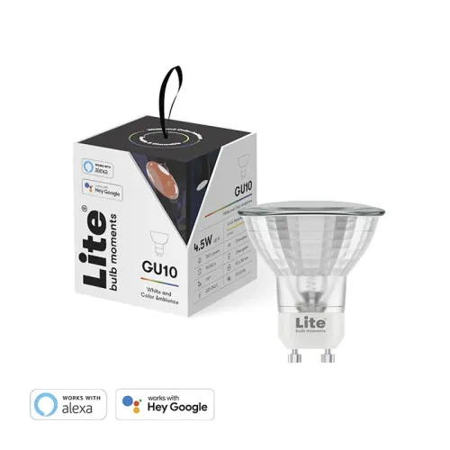 Lite Bulb Moments smart GU10 LED-lampa med detaljhandelsförpackning, vitt och färgat stämningsljus, fungerar med Alexa och Google
