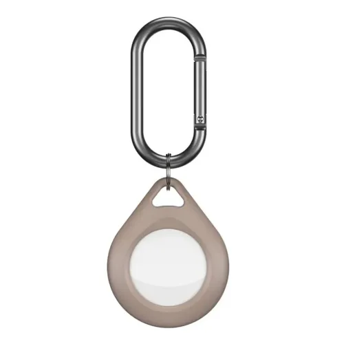 KeyBudz AirTag-hållare med karbinhake i beige, utformad för att fästa en spårningsbricka på nycklar och väskor