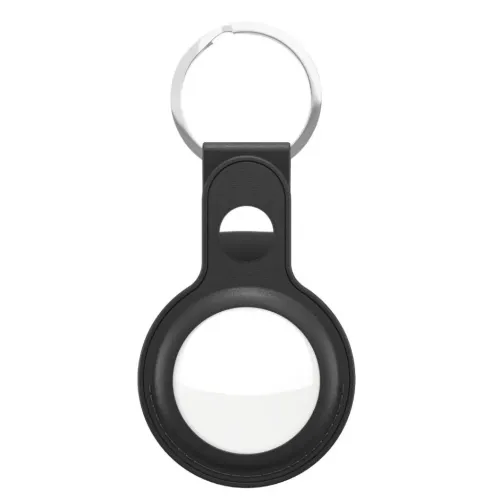 KeyBudz AirTag-nyckelringshållare i svart läder med silverring för nycklar, väskor och ryggsäckar