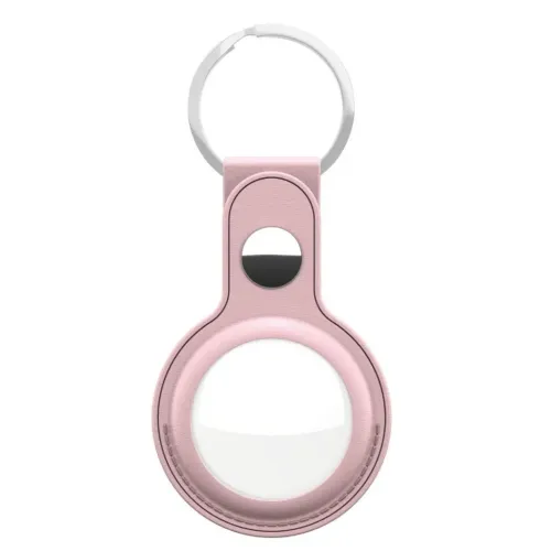 KeyBudz rosa AirTag-nyckelringshållare i läder med silverfärgad metallring, visad mot vit bakgrund