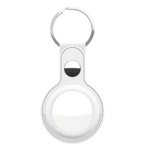 KeyBudz AirTag-nyckelringshållare i vitt läder med snäpplåsstängning och metallring, visad mot vit bakgrund.