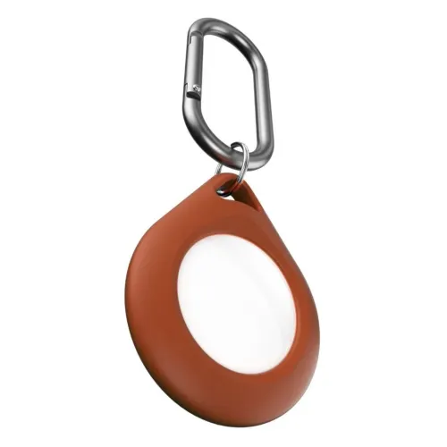 KeyBudz AirTag-hållare med karbinhake i beige, designad för att fästas säkert på nycklar och väskor