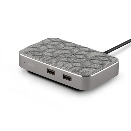Moshi Symbus Q USB-C-hubb med Qi-laddning, texturerad grå docka med portar och ansluten kabel