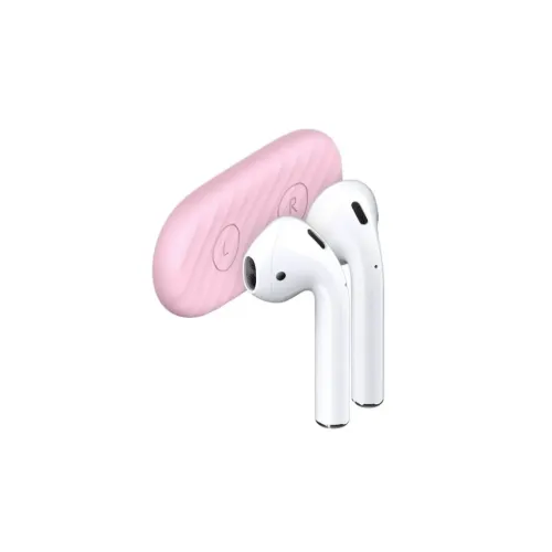 KeyBudz AirDockz rosa magnetisk hållare för AirPods med vänster- och högermarkeringar samt öronsnäckor