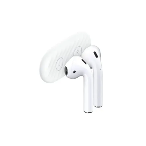 Vita Apple AirPods med öppet laddningsetui som visar kompatibilitet med den magnetiska hållaren KeyBudz AirDockz