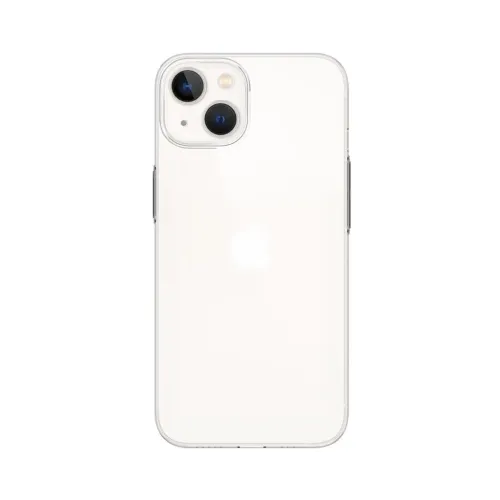 Just Mobile TENC Slim Fit transparent skal på iPhone 14:s baksida, med upphöjd kamerautskärning och stöd för MagSafe