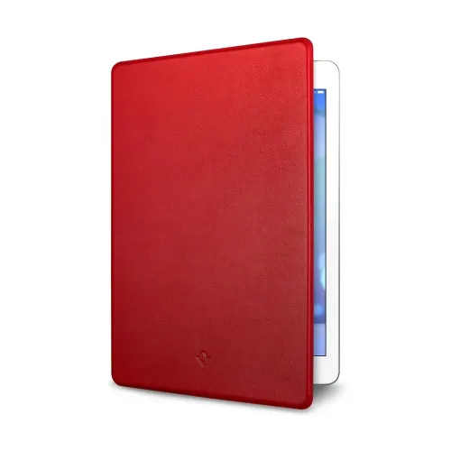 Twelve South SurfacePad rött foliofodral i läder för iPad Air 2, visat öppet med surfplattan delvis isatt