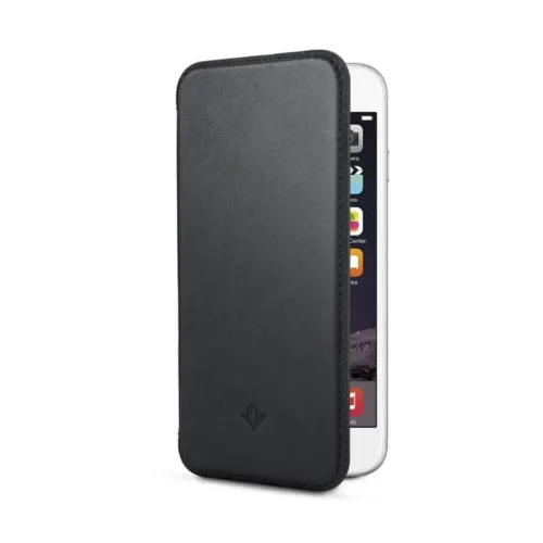 Twelve South SurfacePad sort læderfolioetui til iPhone 7/8/SE(2), vist oprejst med standerdesign.