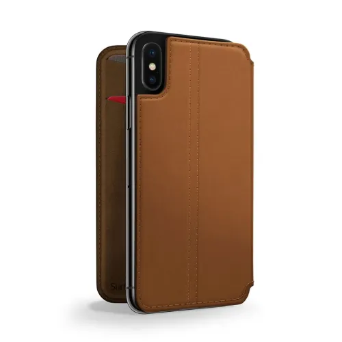 Twelve South SurfacePad foliofodral i cognacfärgat läder för iPhone XR med kortfack och sydd framsida